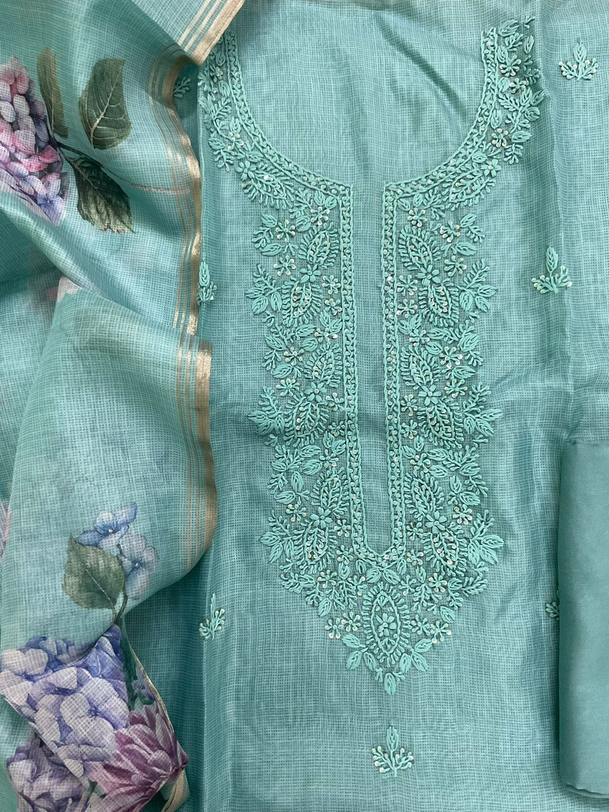 Soft Kota Silk Printed Embroidered Suit - Blue