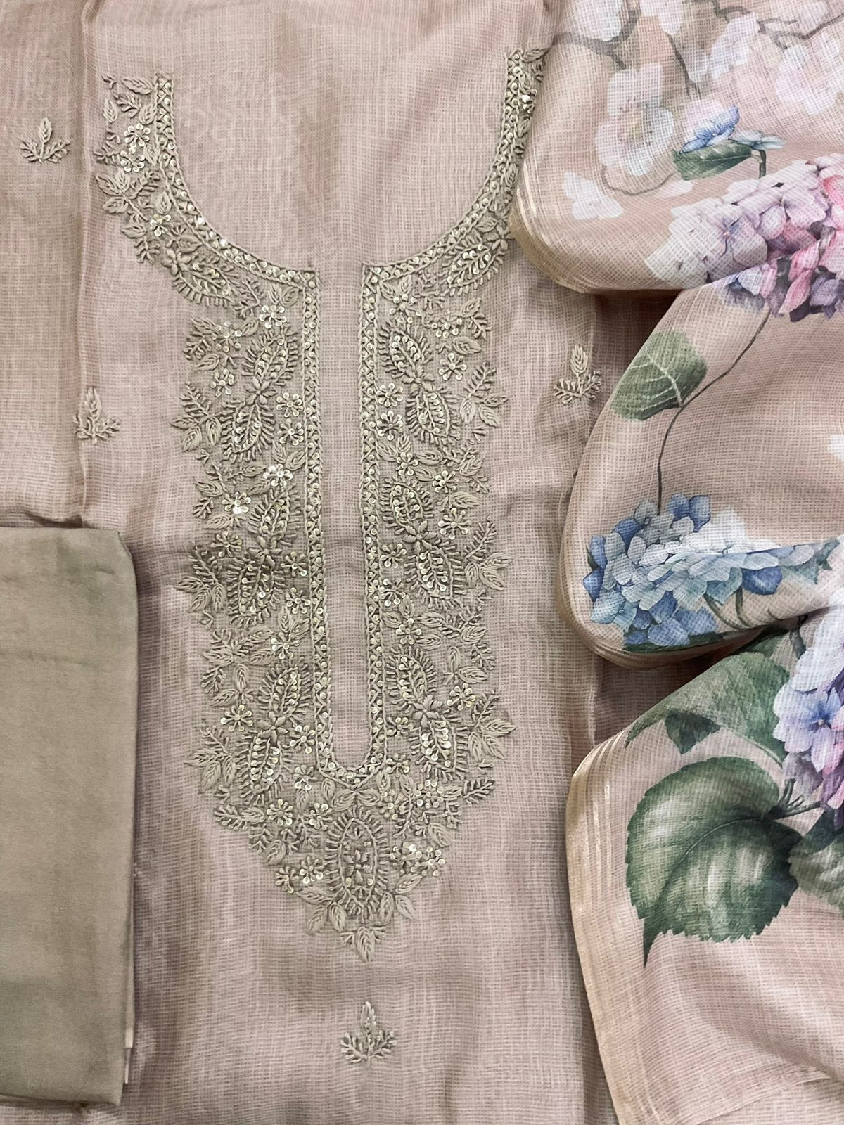 Soft Kota Silk Printed Embroidered Suit - Beige
