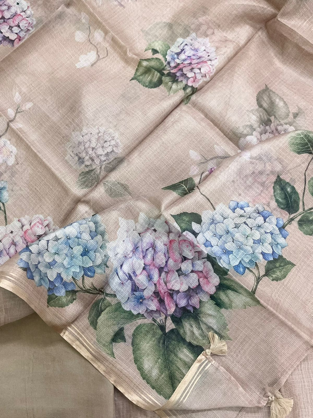 Soft Kota Silk Printed Embroidered Suit - Beige