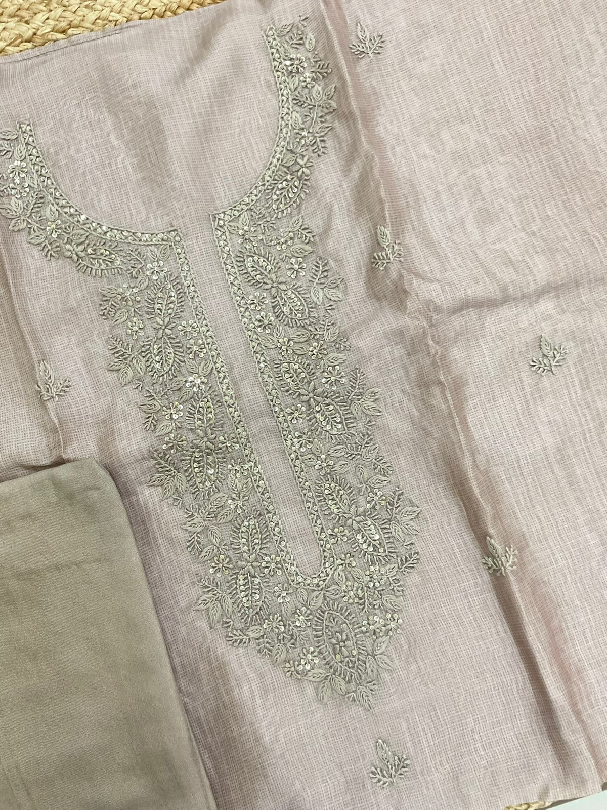 Soft Kota Silk Printed Embroidered Suit - Beige