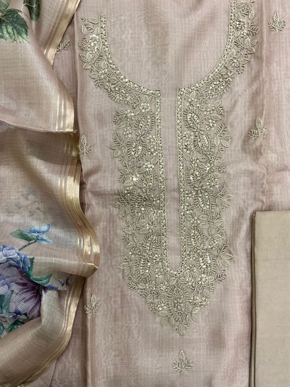 Soft Kota Silk Printed Embroidered Suit - Beige