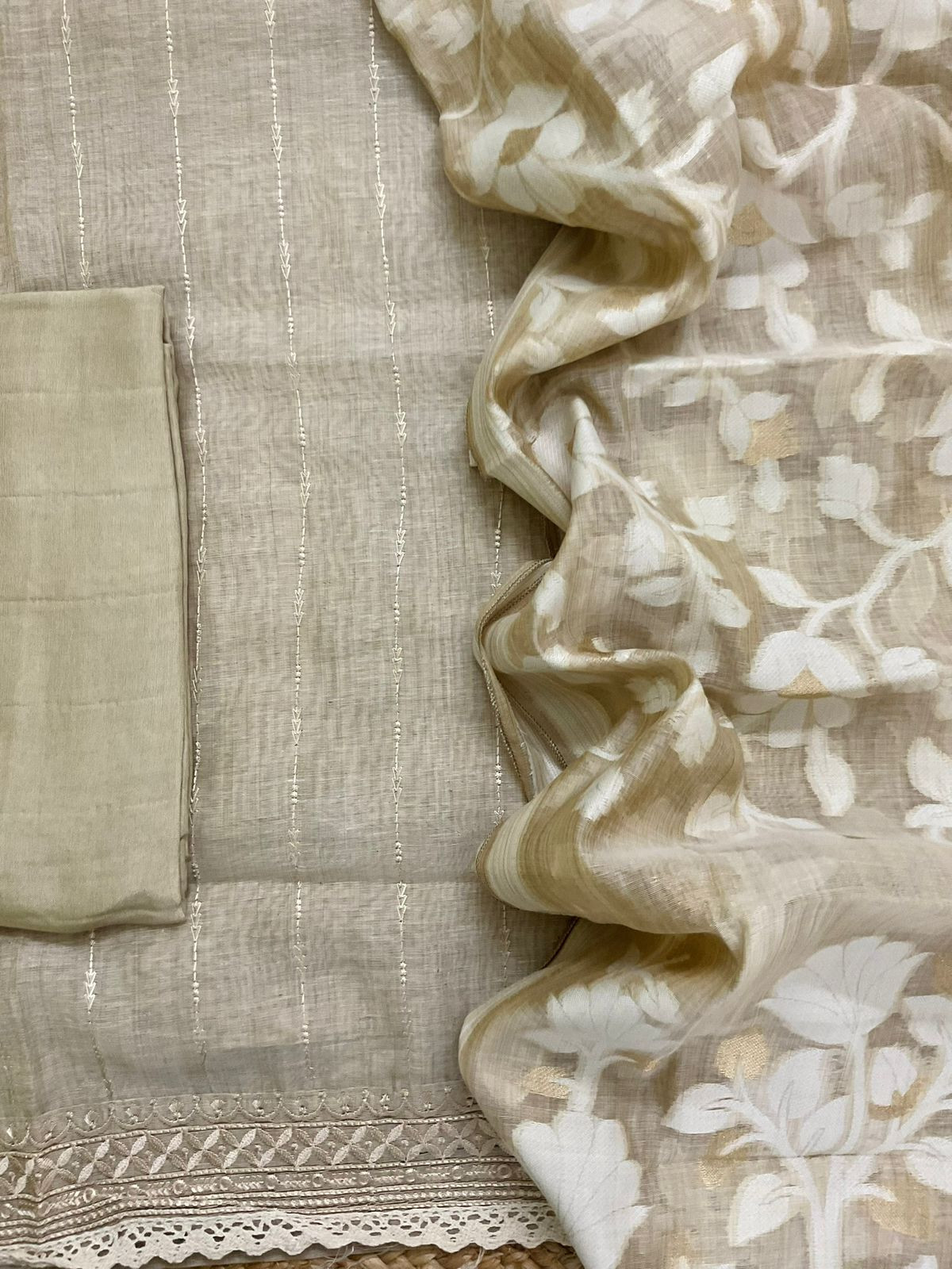Soft Slub Chanderi Jamdani Weaved Embroidered Suit - Beige