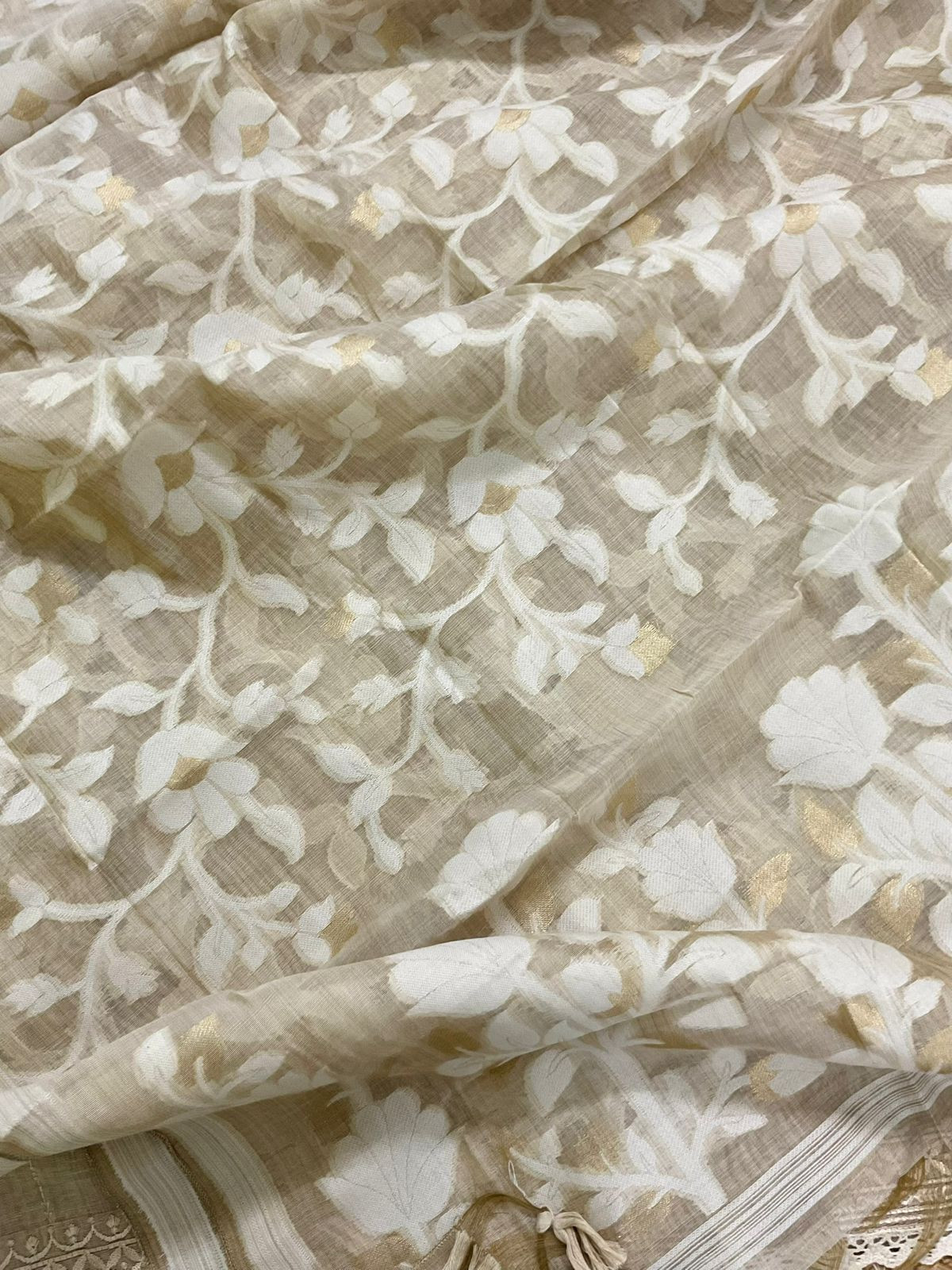 Soft Slub Chanderi Jamdani Weaved Embroidered Suit - Beige