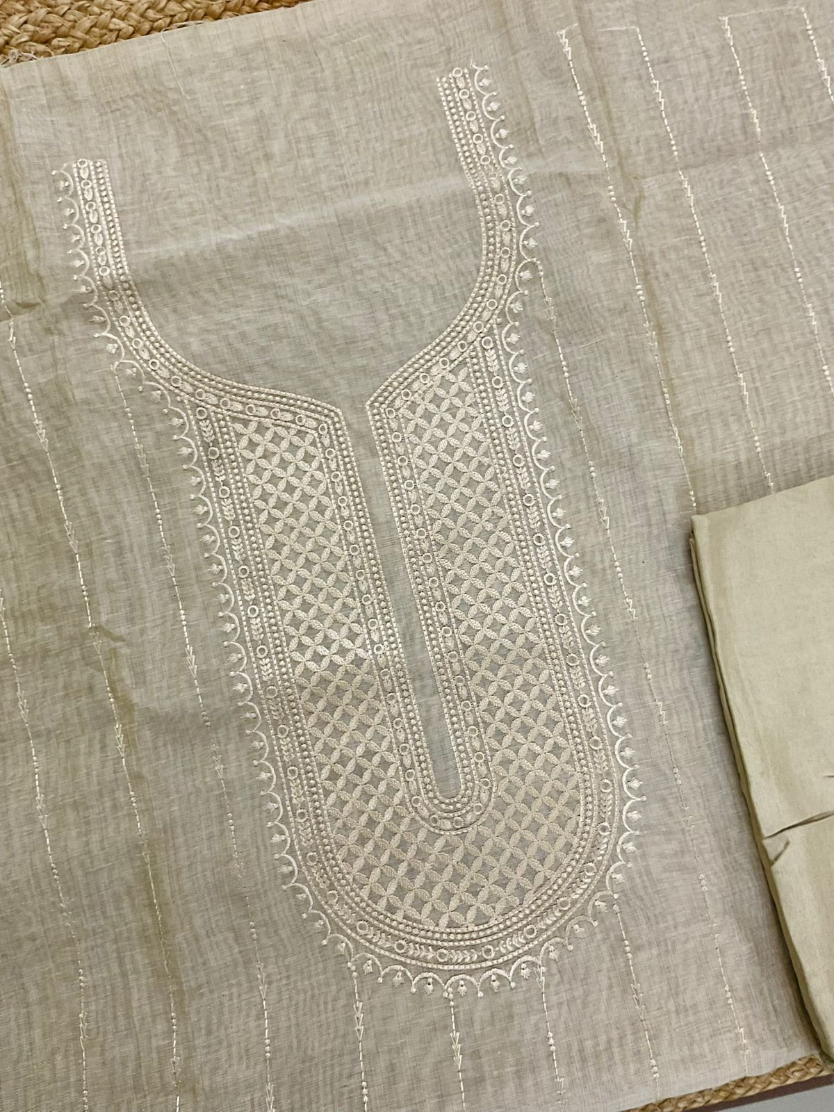 Soft Slub Chanderi Jamdani Weaved Embroidered Suit - Beige