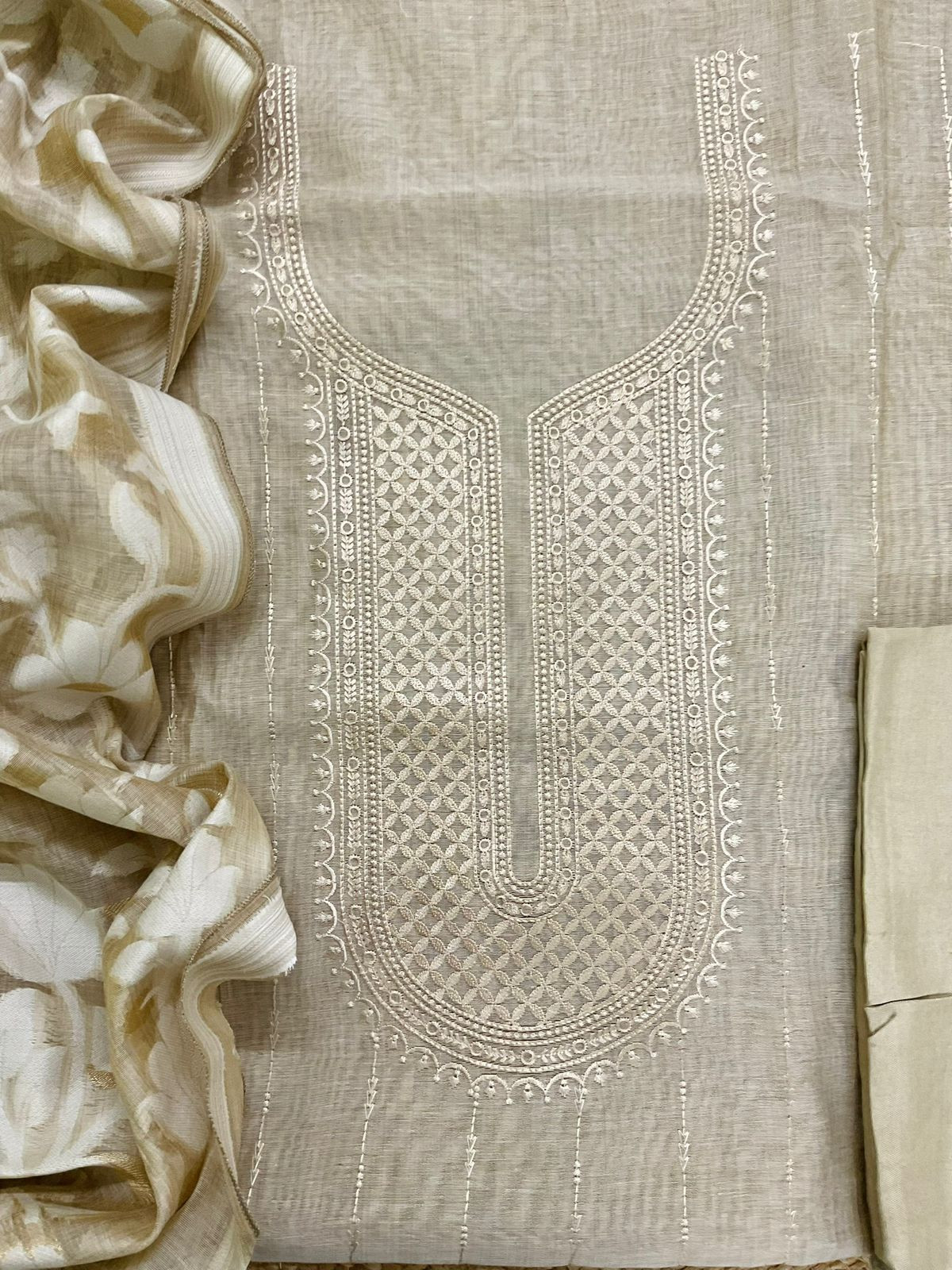 Soft Slub Chanderi Jamdani Weaved Embroidered Suit - Beige