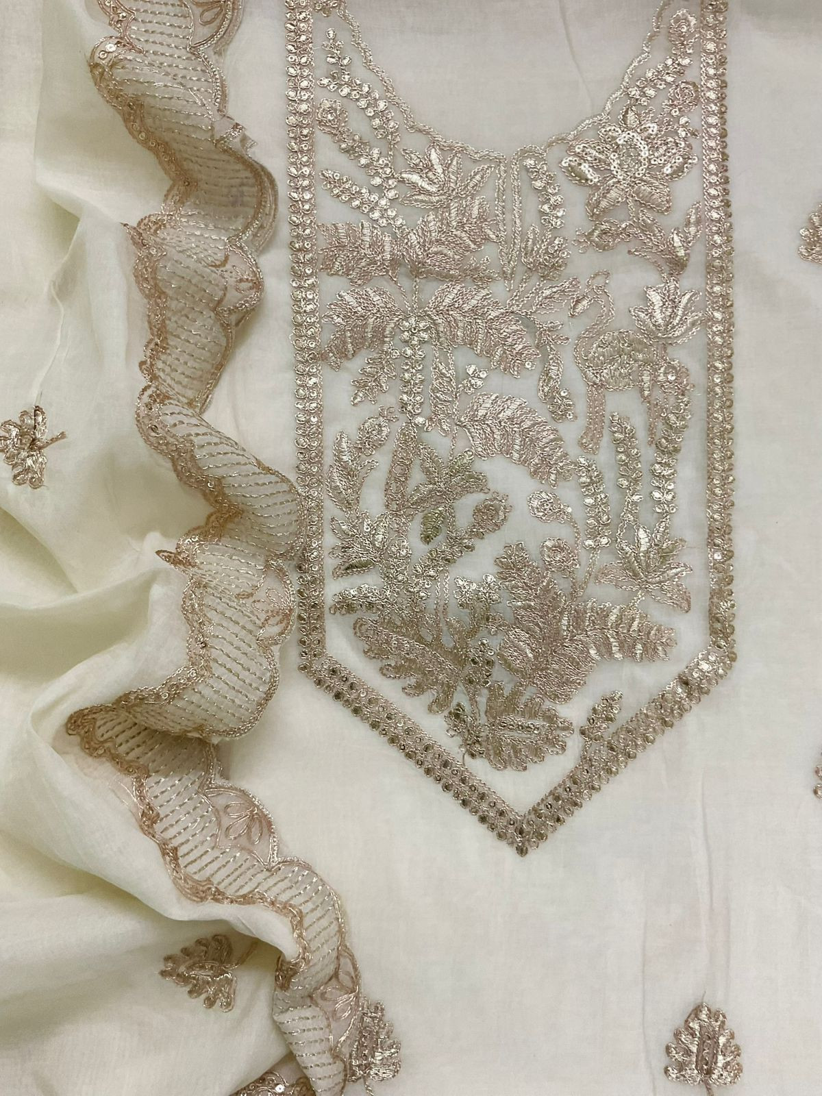 Pure Chanderi Embroidered Suit - Offwhite