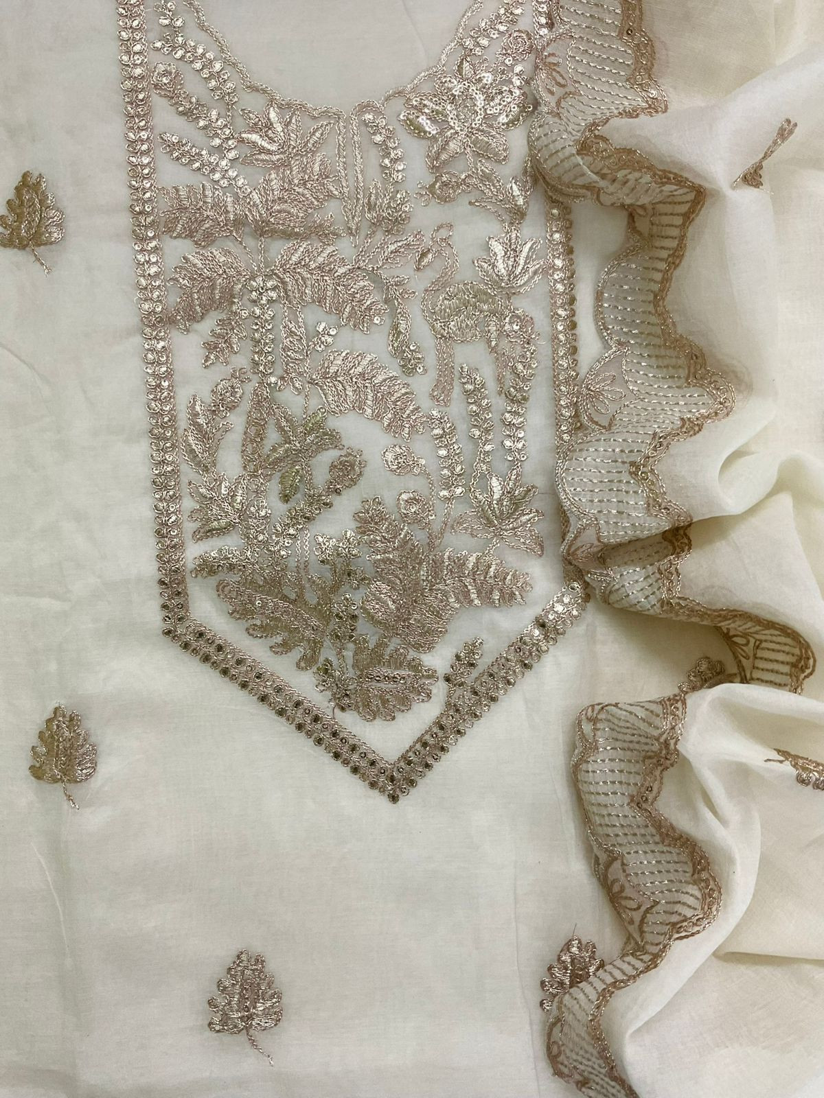 Pure Chanderi Embroidered Suit - Offwhite