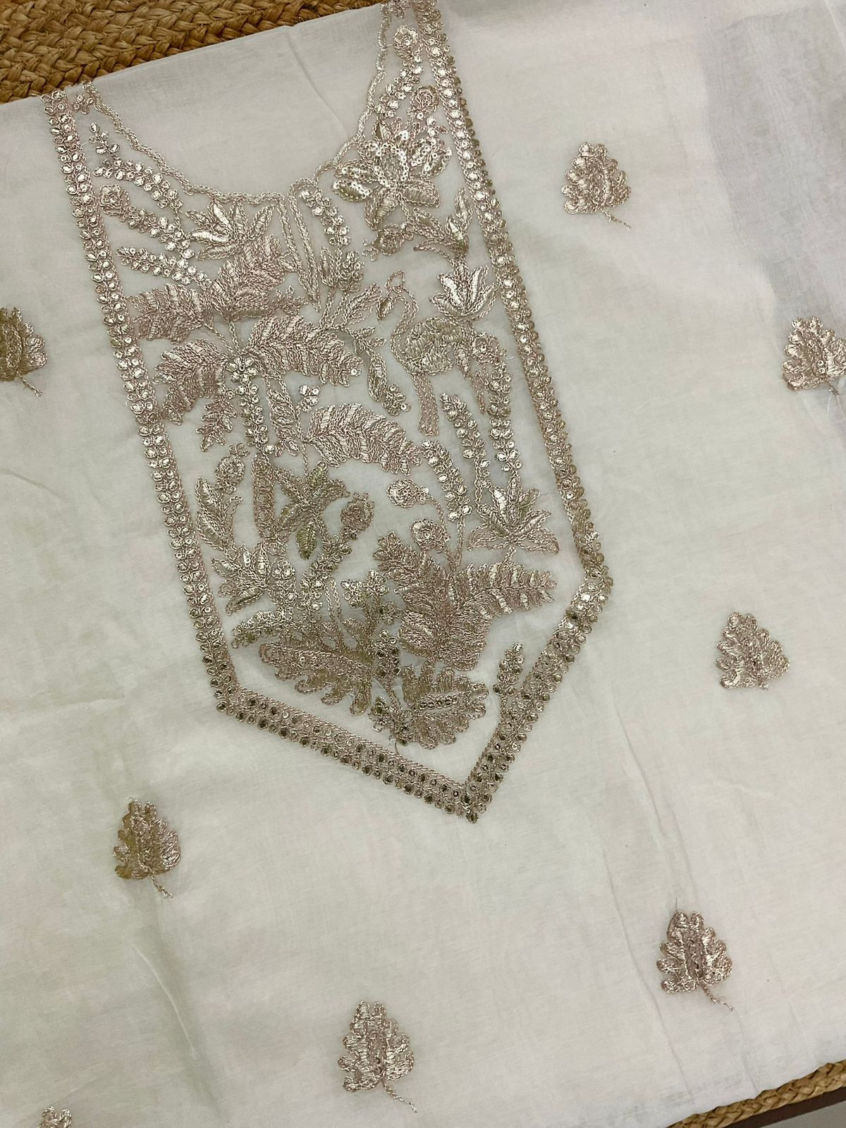 Pure Chanderi Embroidered Suit - Offwhite