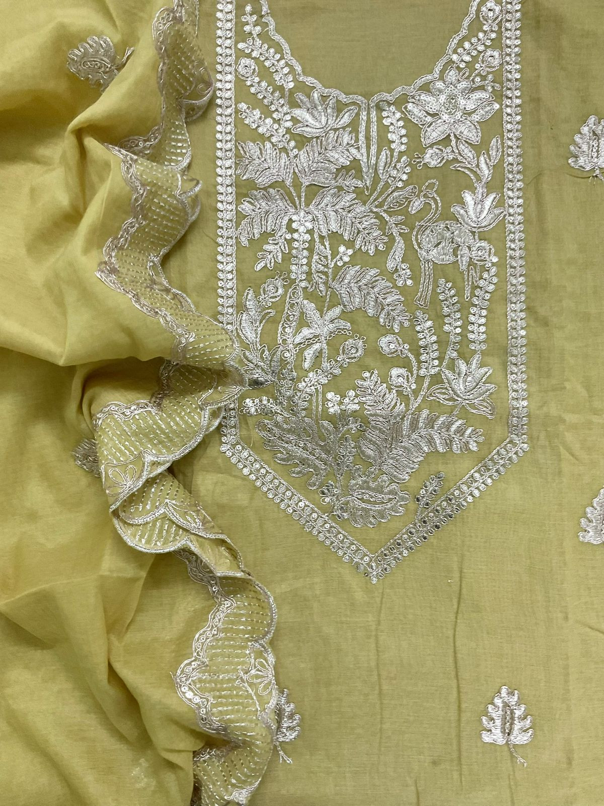 Pure Chanderi Embroidered Suit - Yellowish Green