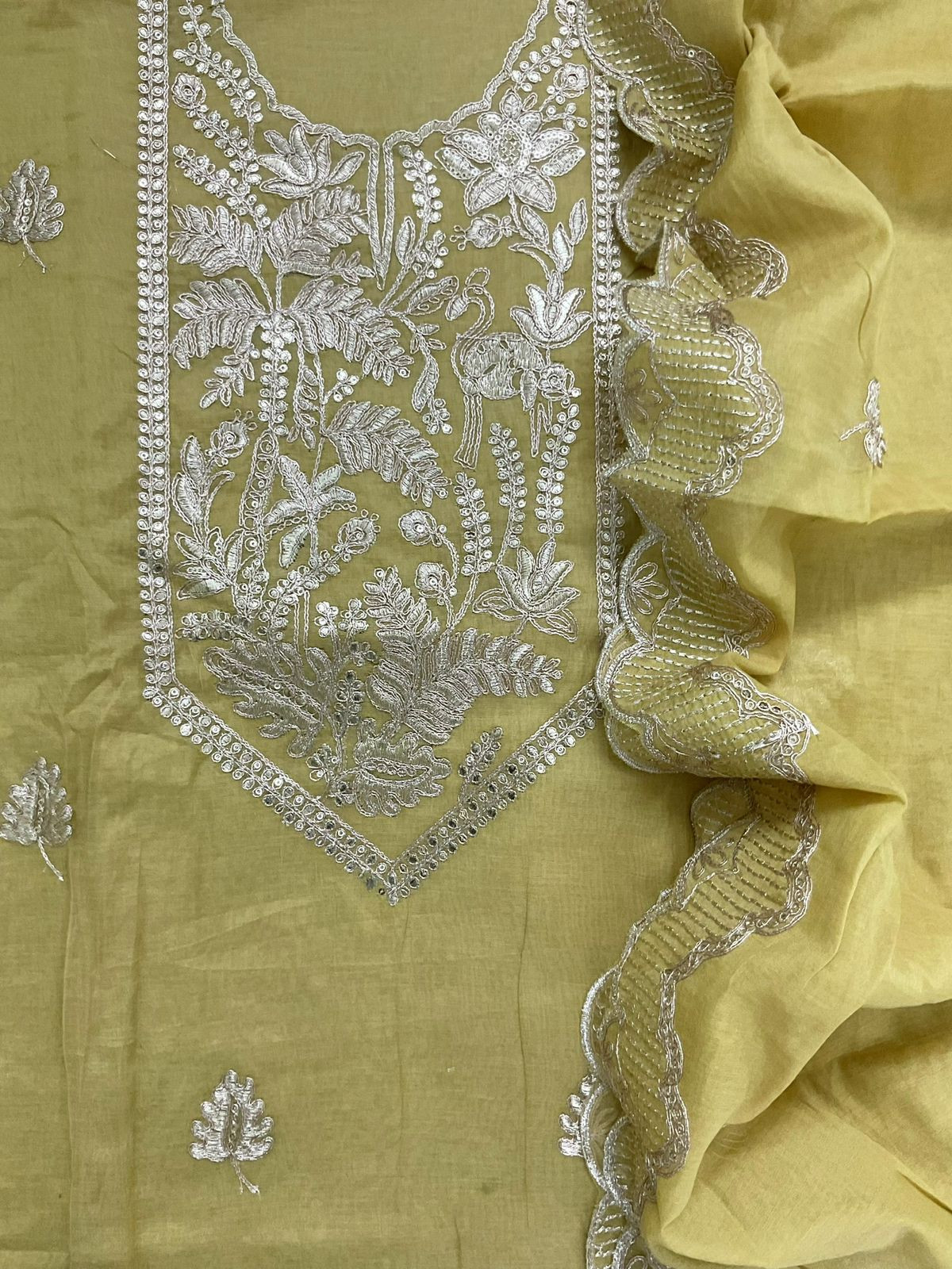 Pure Chanderi Embroidered Suit - Yellowish Green