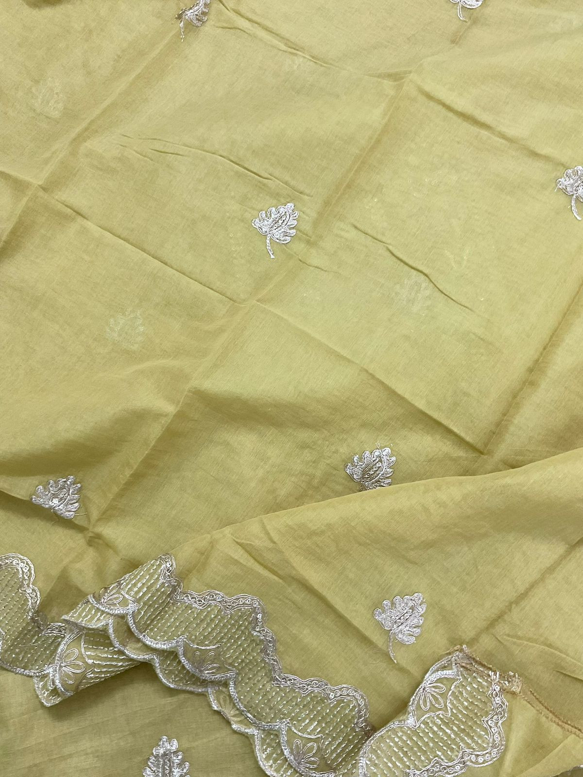 Pure Chanderi Embroidered Suit - Yellowish Green