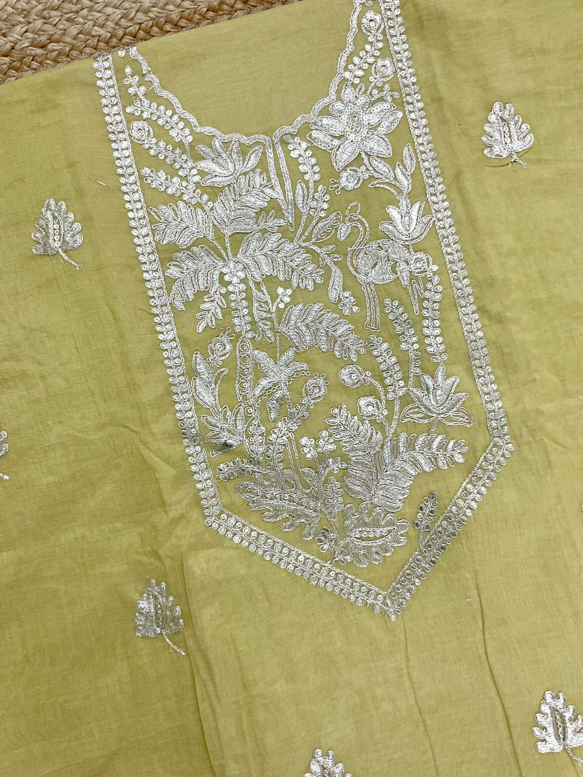 Pure Chanderi Embroidered Suit - Yellowish Green