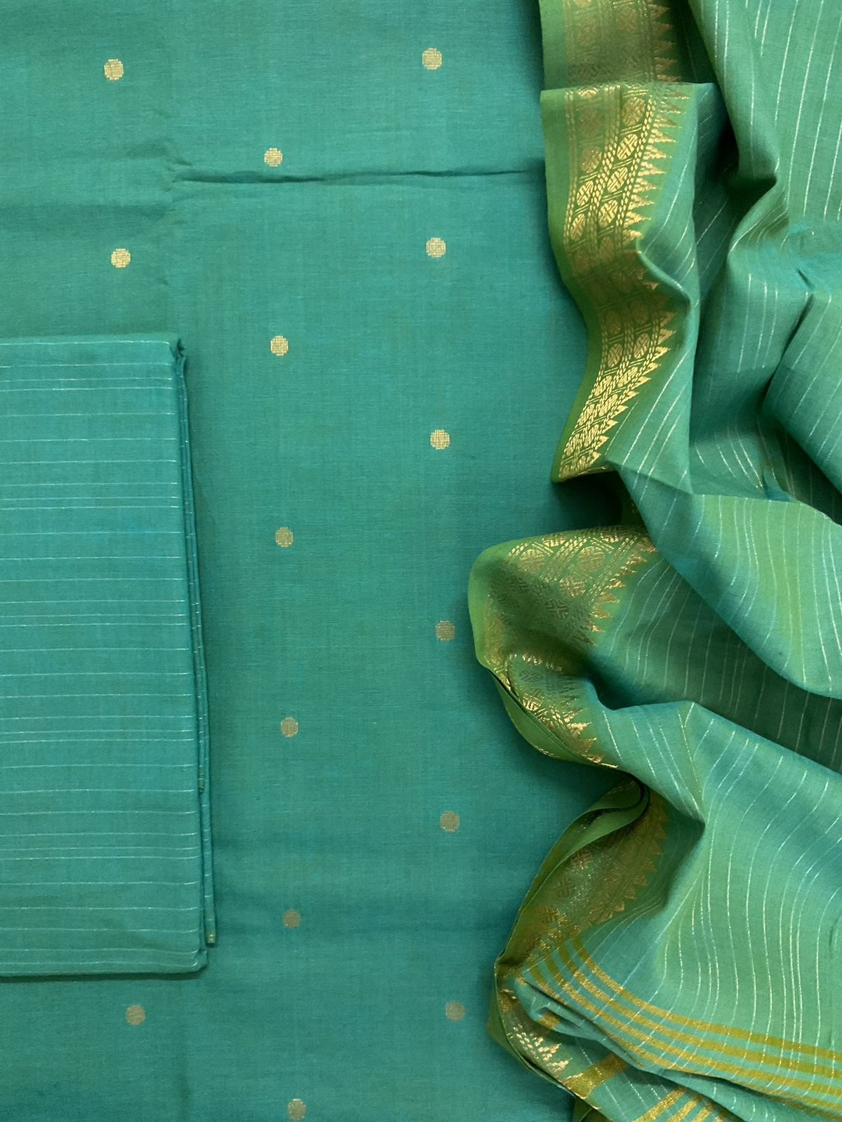 Pure Handloom Cotton Self Weaved Suit - Green