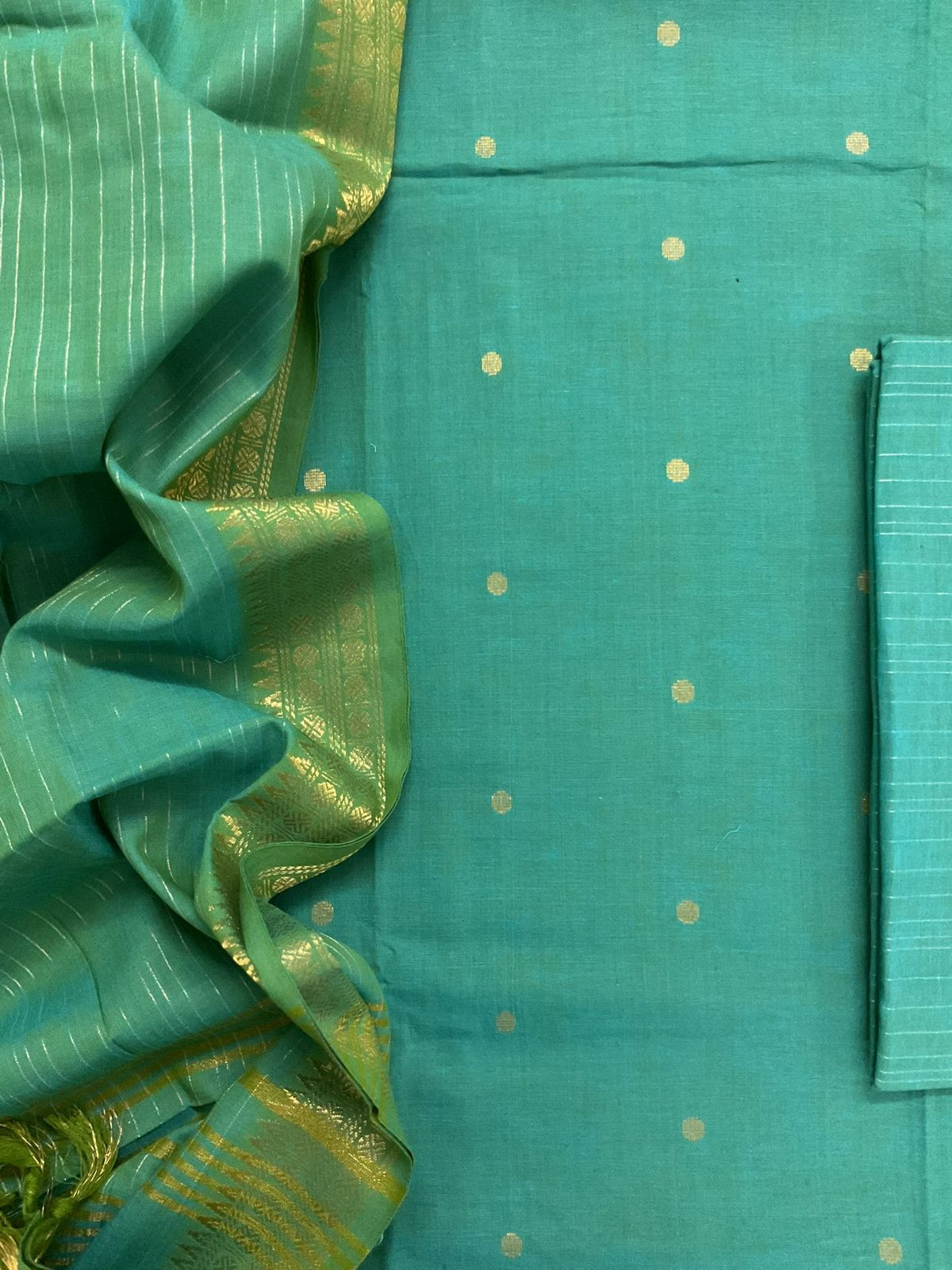 Pure Handloom Cotton Self Weaved Suit - Green