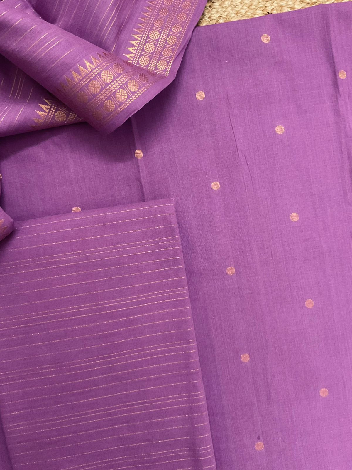Pure Handloom Cotton Self Weaved Suit - Purple