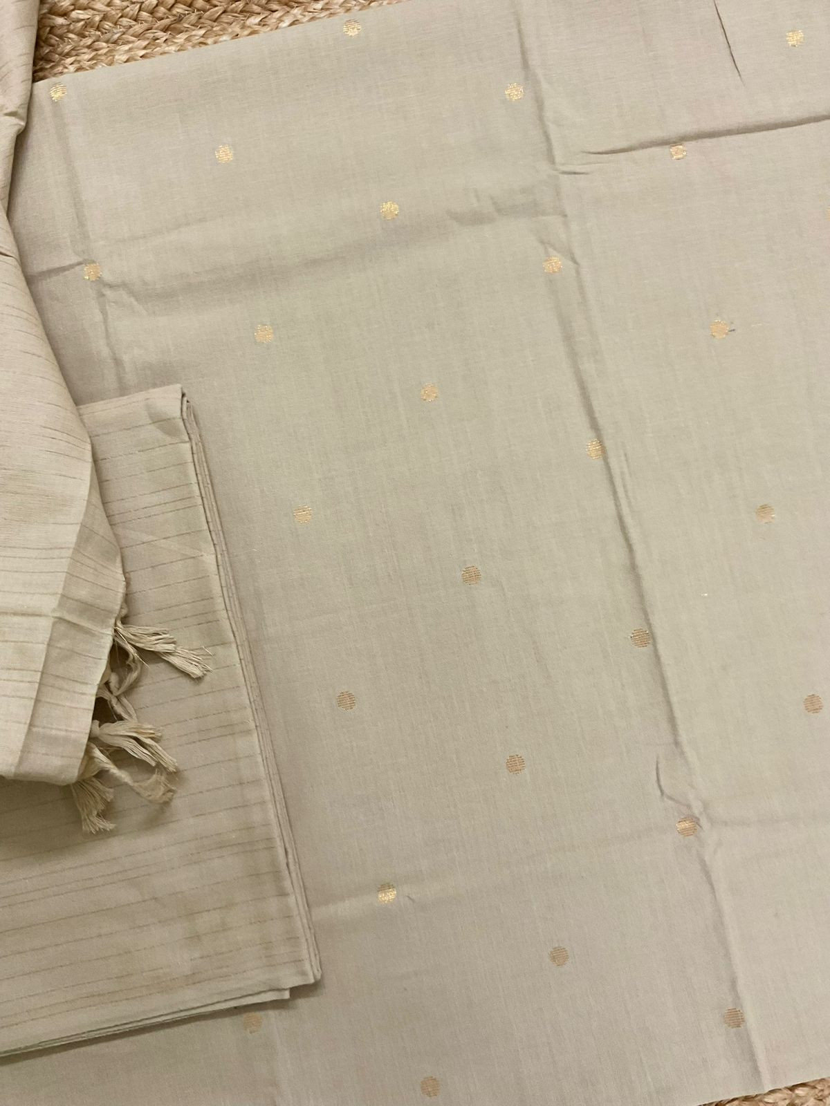 Pure Handloom Cotton Self Weaved Suit - Beige