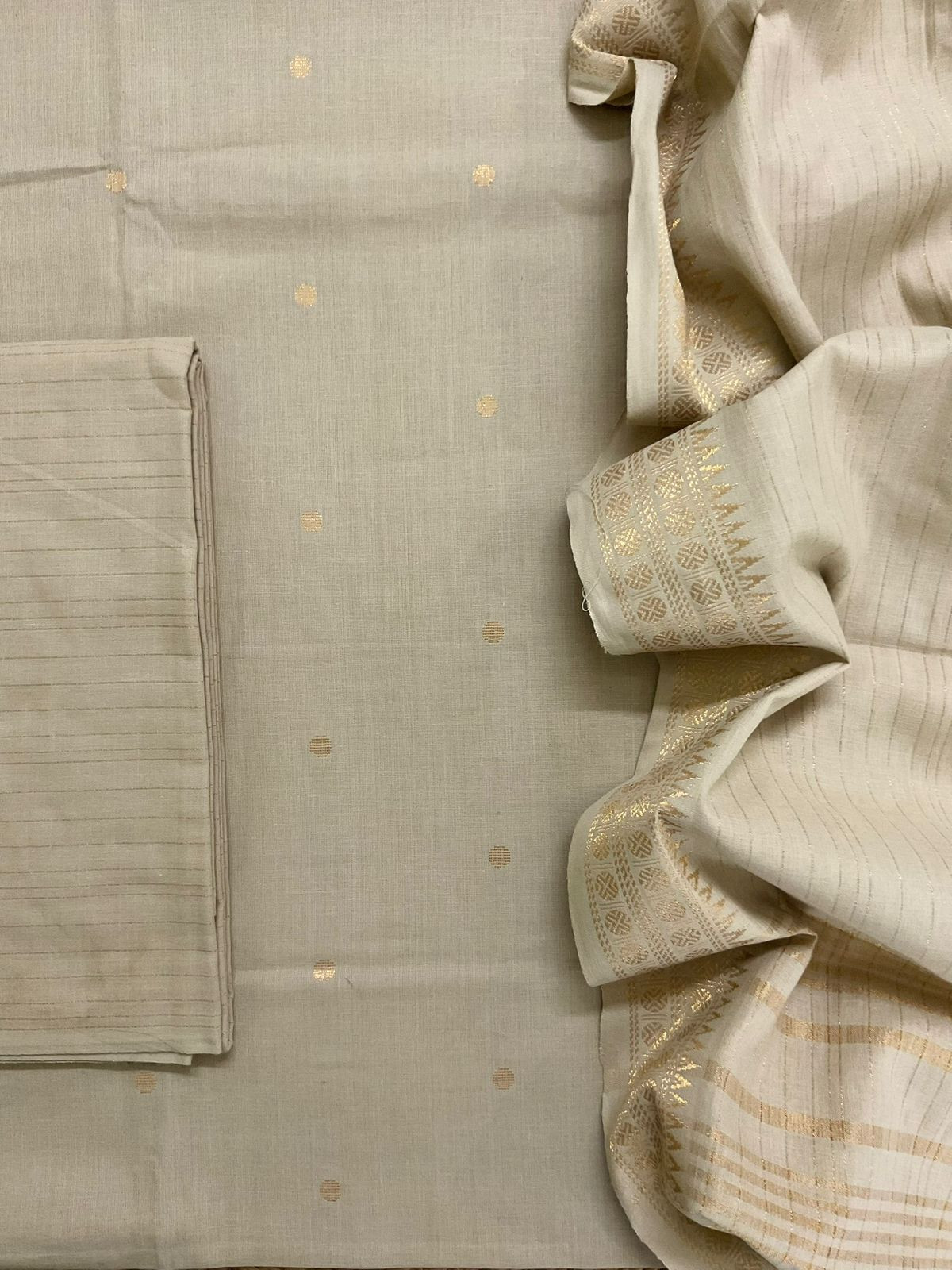 Pure Handloom Cotton Self Weaved Suit - Beige