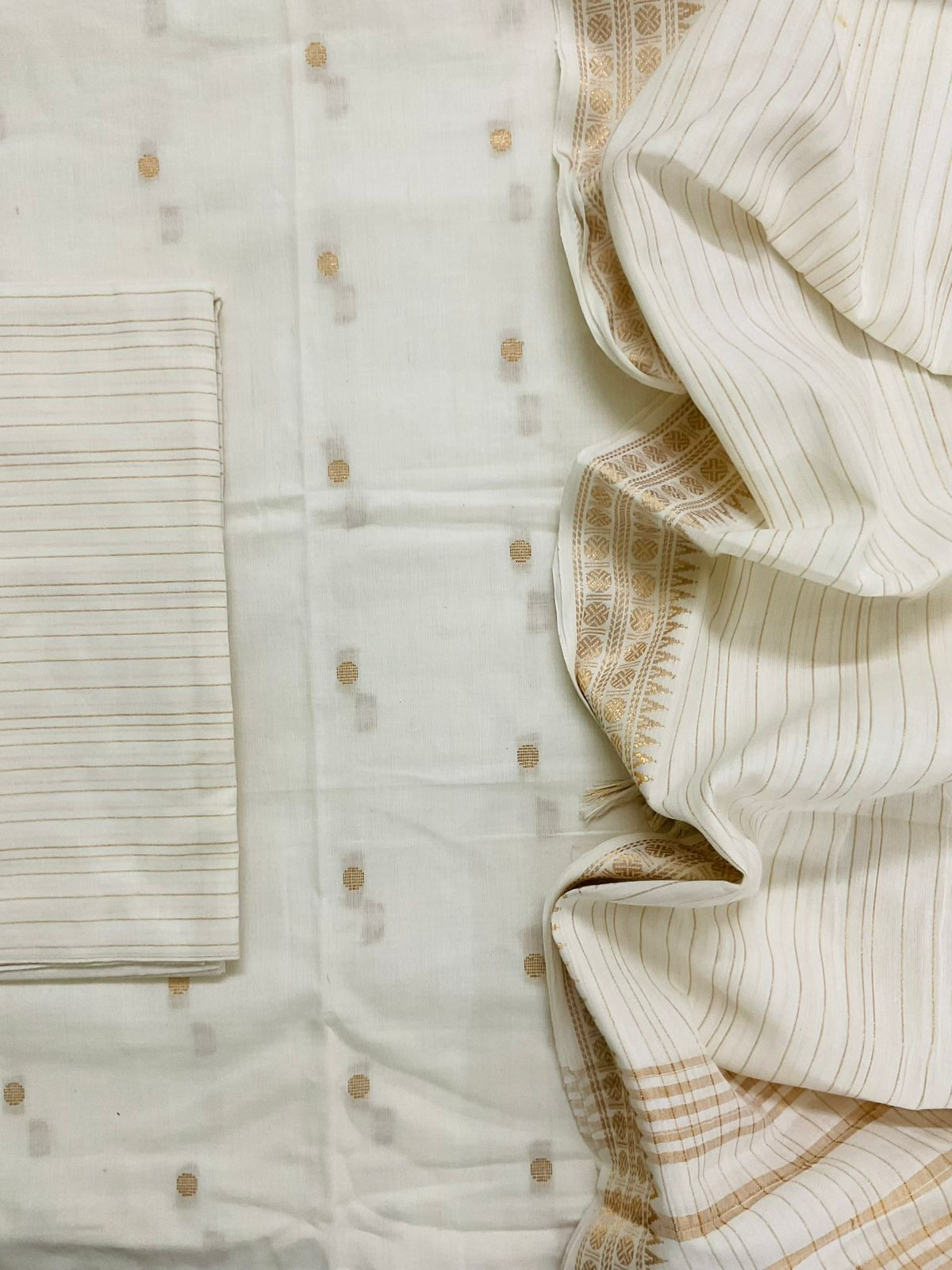 Pure Handloom Cotton Self Weaved Suit - Off White