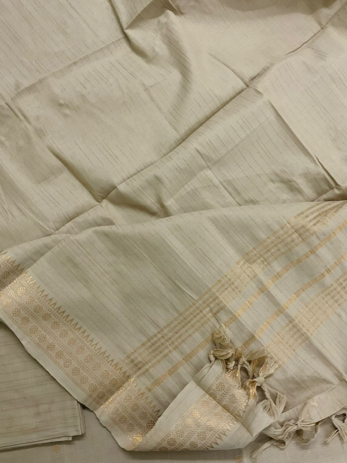 Pure Handloom Cotton Self Weaved Suit - Beige