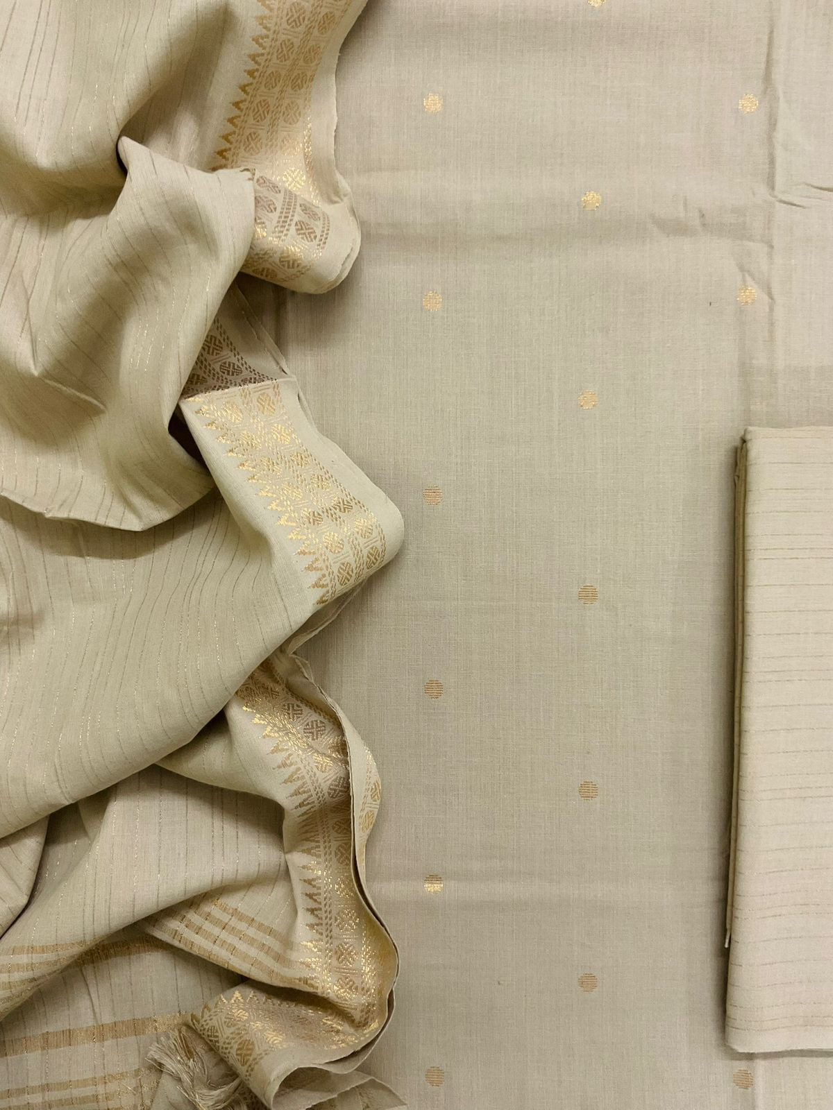 Pure Handloom Cotton Self Weaved Suit - Beige