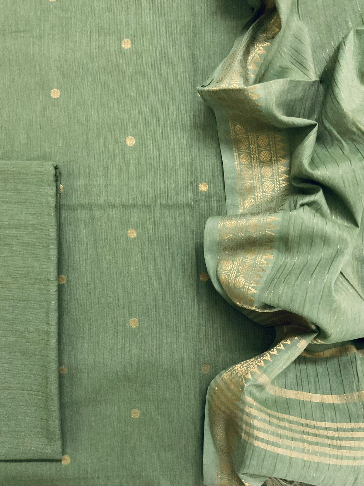 Pure Handloom Cotton Self Weaved Suit - Green