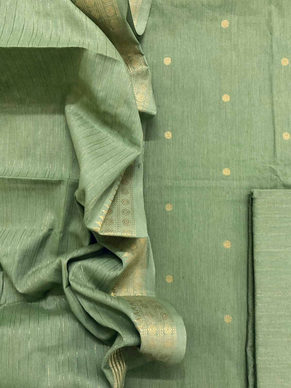 Pure Handloom Cotton Self Weaved Suit - Green