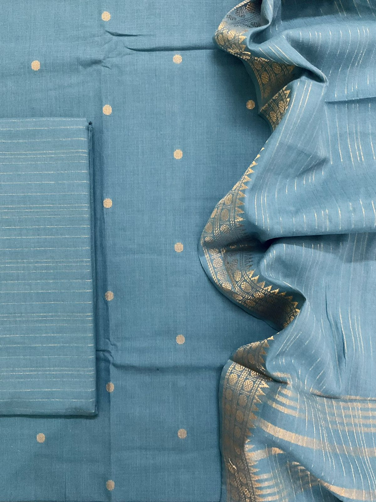 Pure Handloom Cotton Self Weaved Suit - Blue