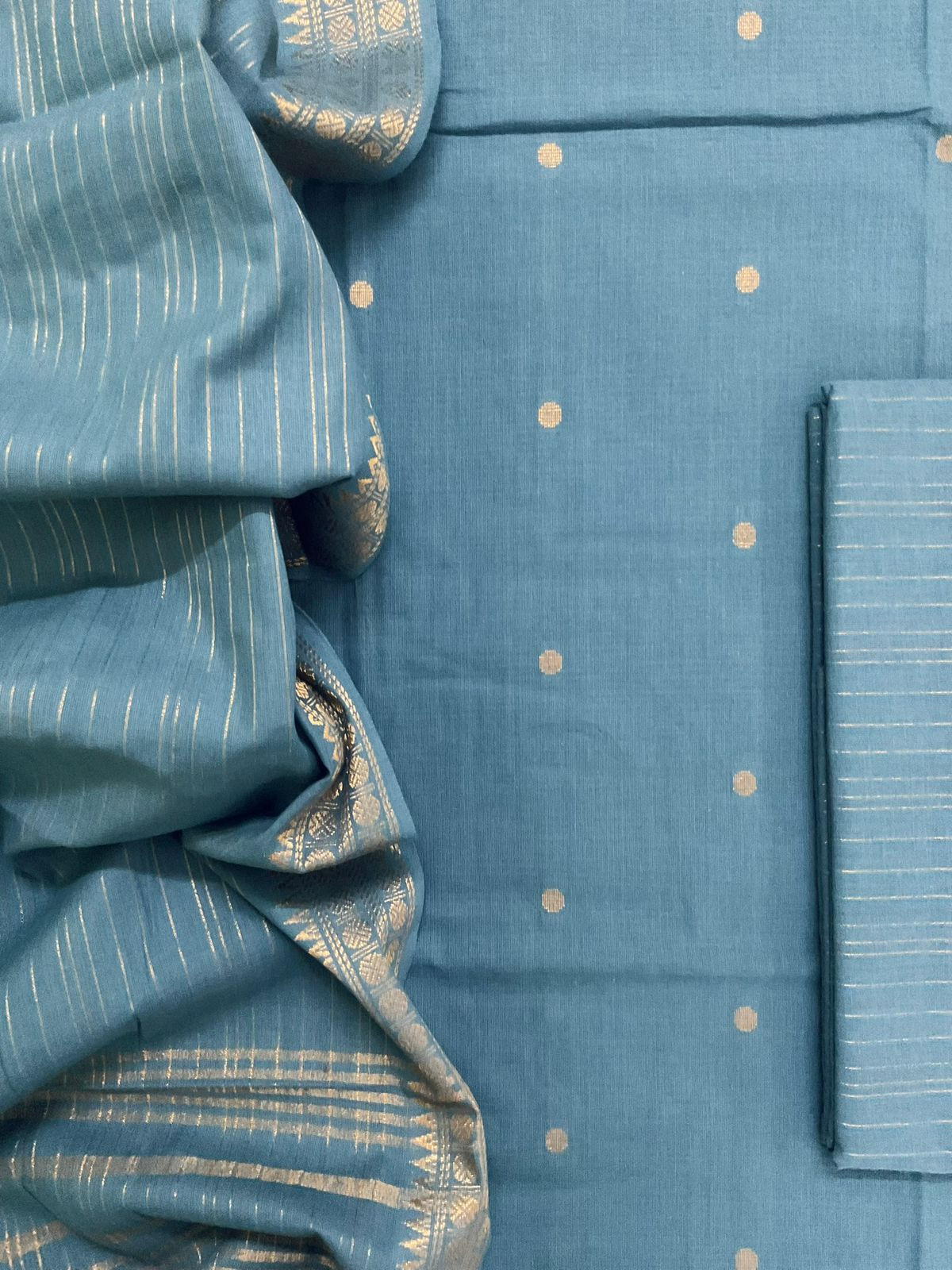 Pure Handloom Cotton Self Weaved Suit - Blue