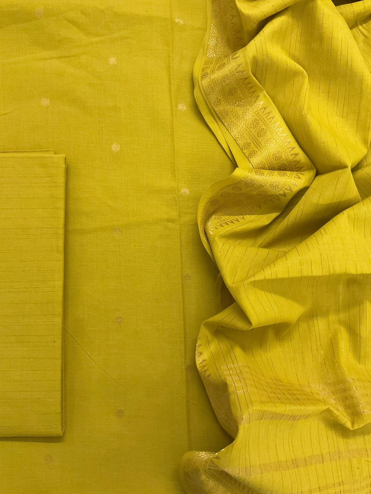 Pure Handloom Cotton Self Weaved Suit - Yellowish Green