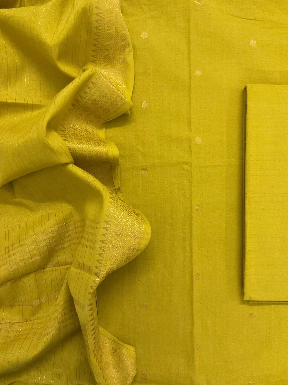 Pure Handloom Cotton Self Weaved Suit - Yellowish Green