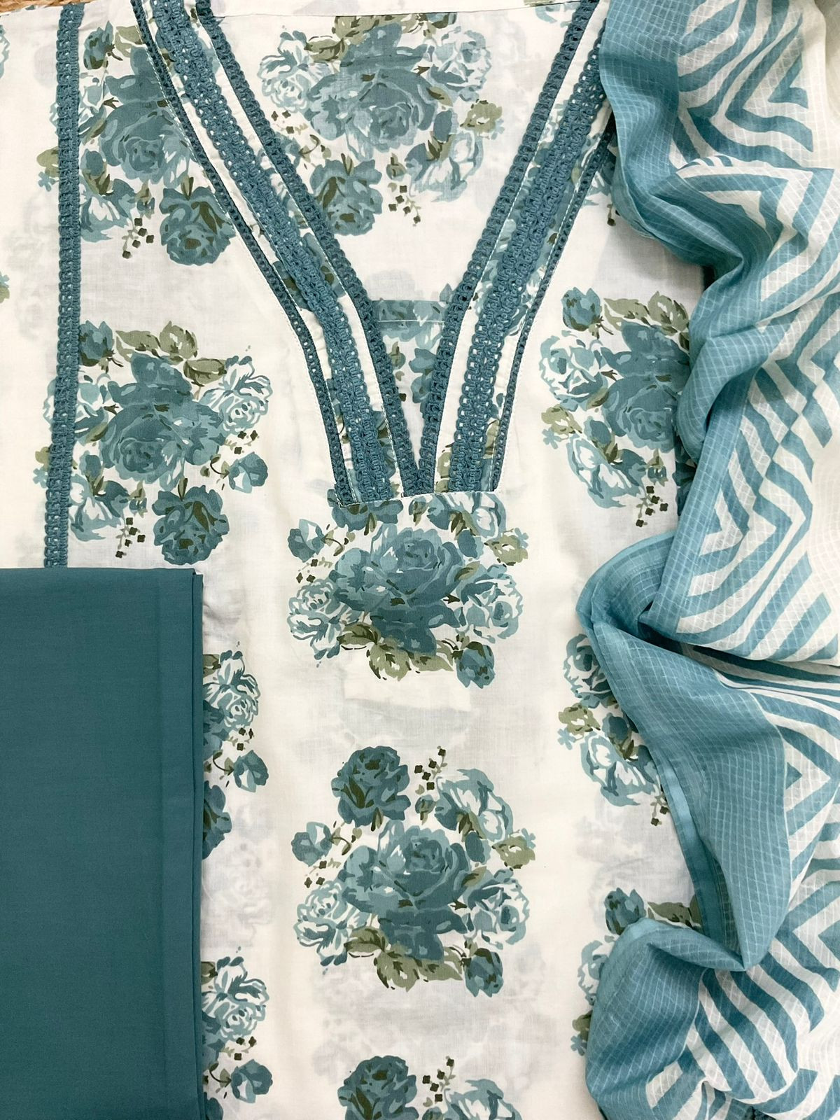 Pure Fine Cotton Printed Embroidered Suit - Off White