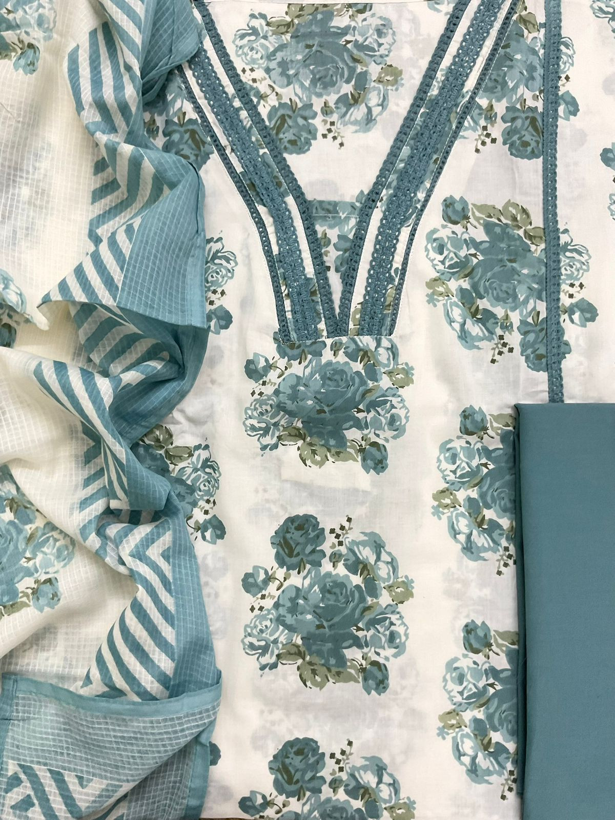 Pure Fine Cotton Printed Embroidered Suit - Off White