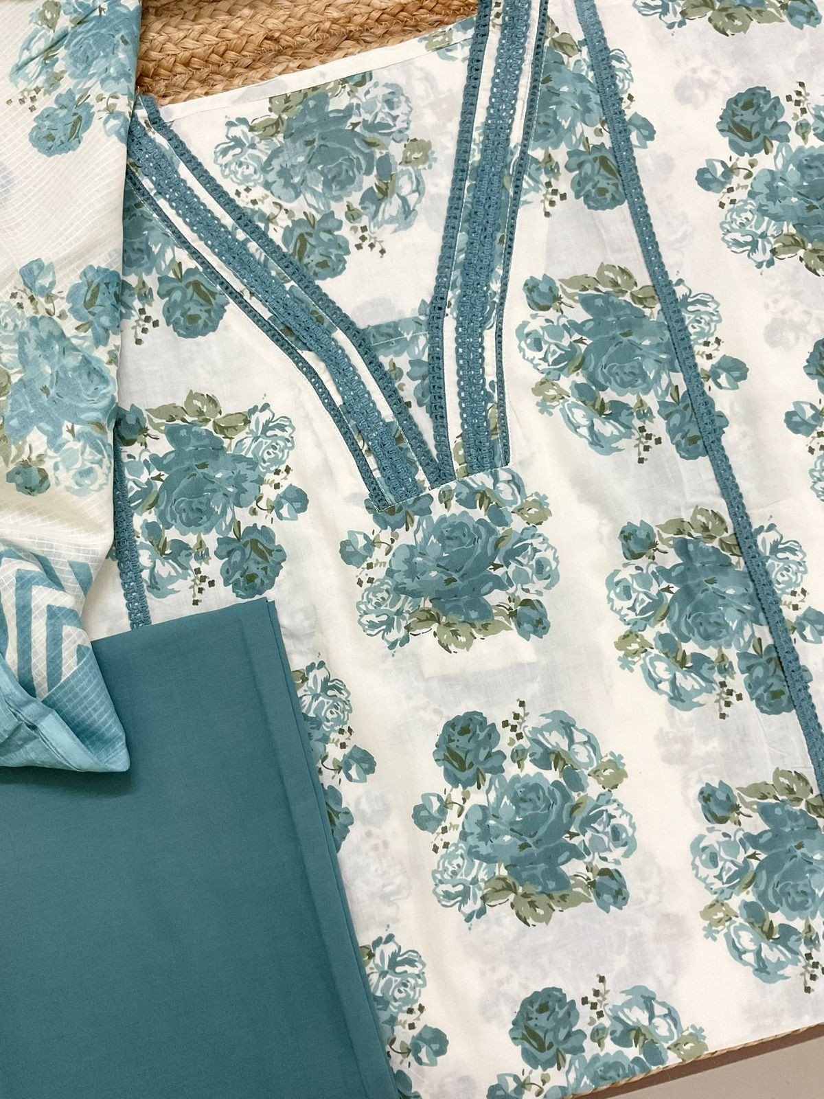 Pure Fine Cotton Printed Embroidered Suit - Off White