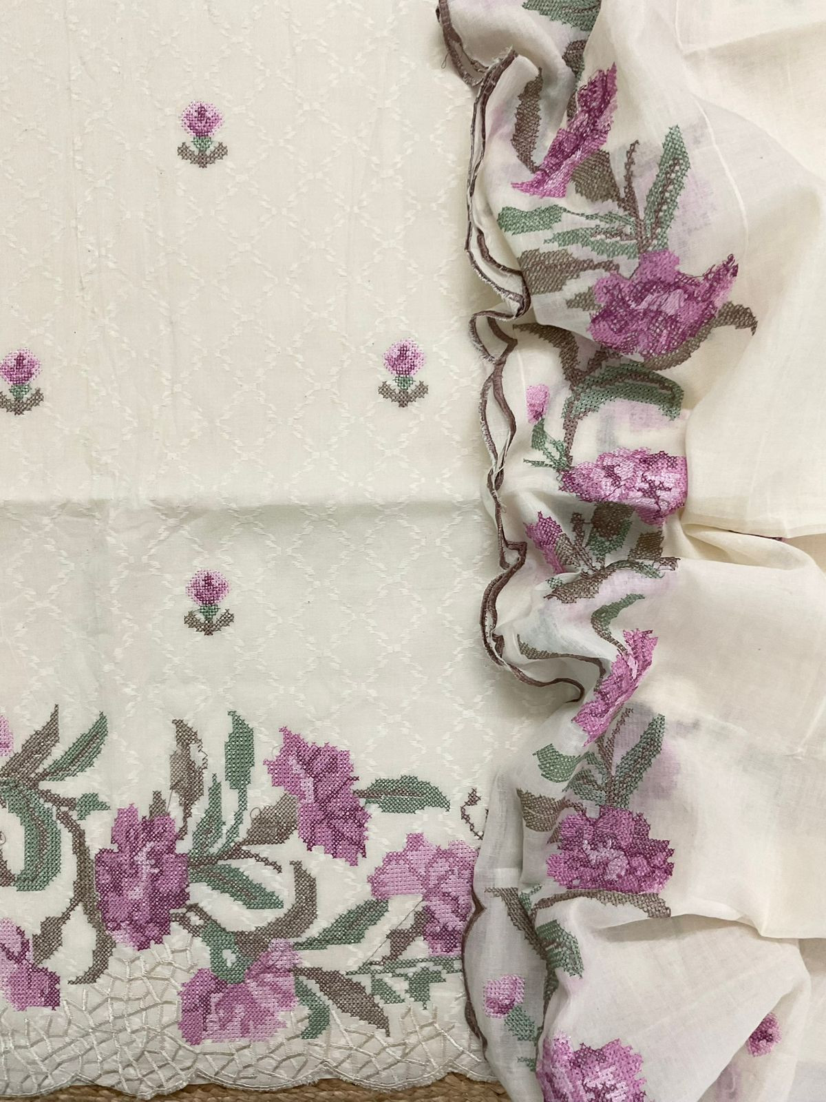 Pure Fine Cotton Embroidered Suit - Off White