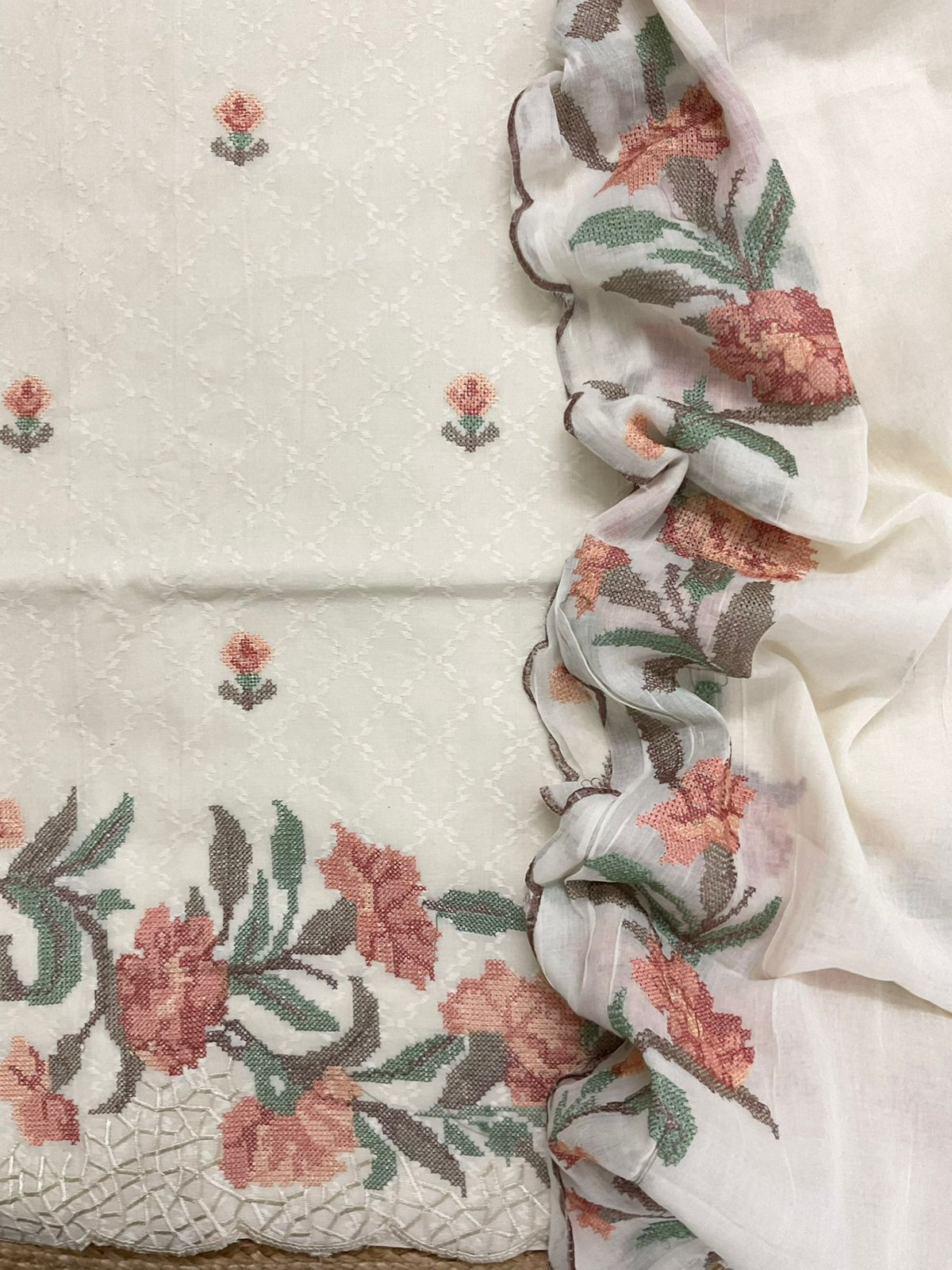 Pure Fine Cotton Embroidered Suit - Off White