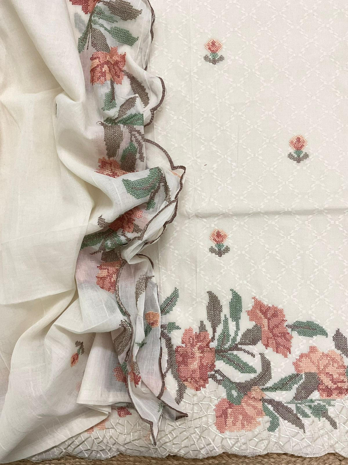 Pure Fine Cotton Embroidered Suit - Off White