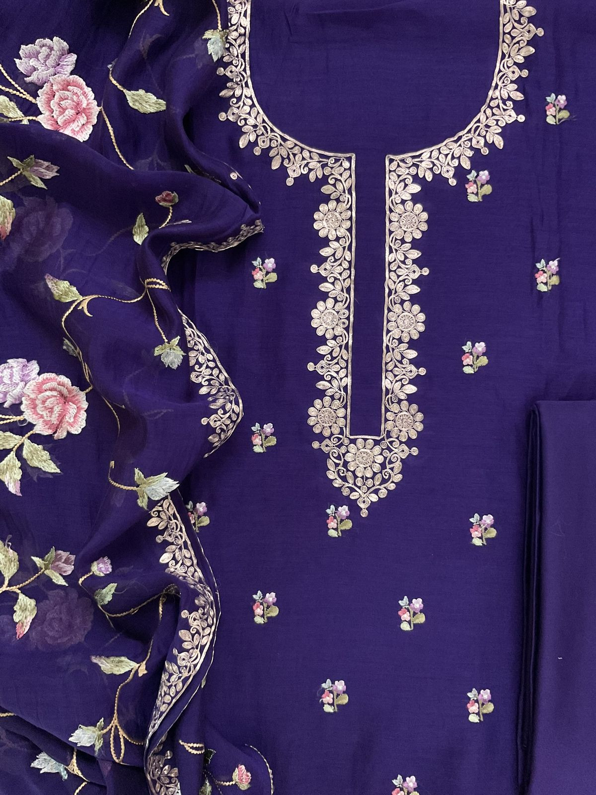 Pure Mul Chanderi Embroidered Suit - Purple