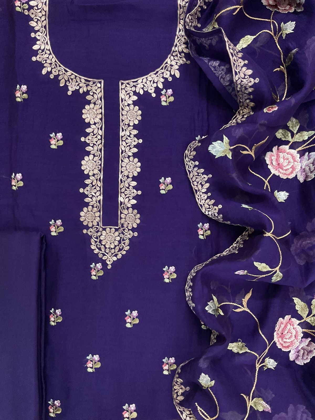 Pure Mul Chanderi Embroidered Suit - Purple