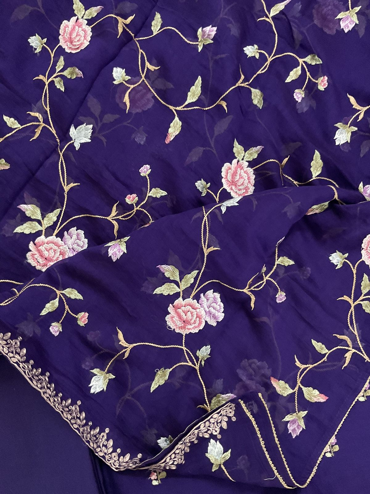 Pure Mul Chanderi Embroidered Suit - Purple