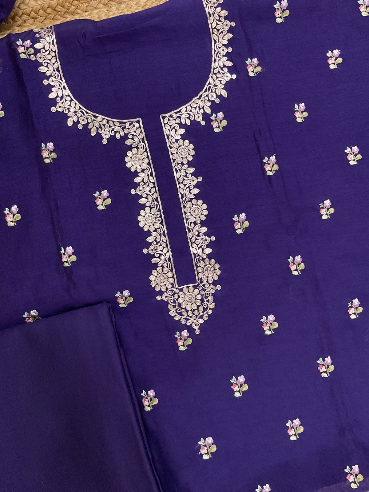 Pure Mul Chanderi Embroidered Suit - Purple