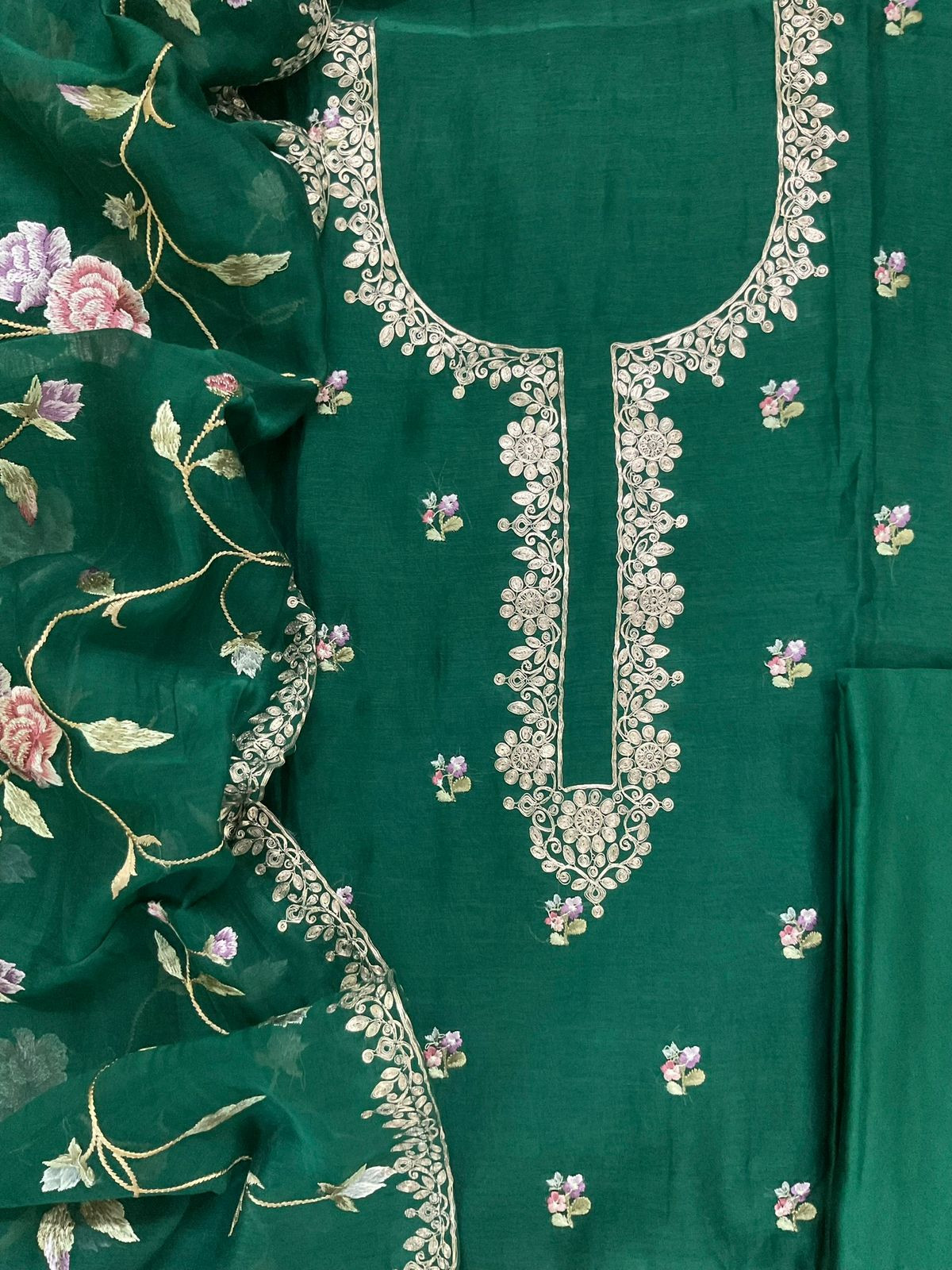 Pure Mul Chanderi Embroidered Suit - Green