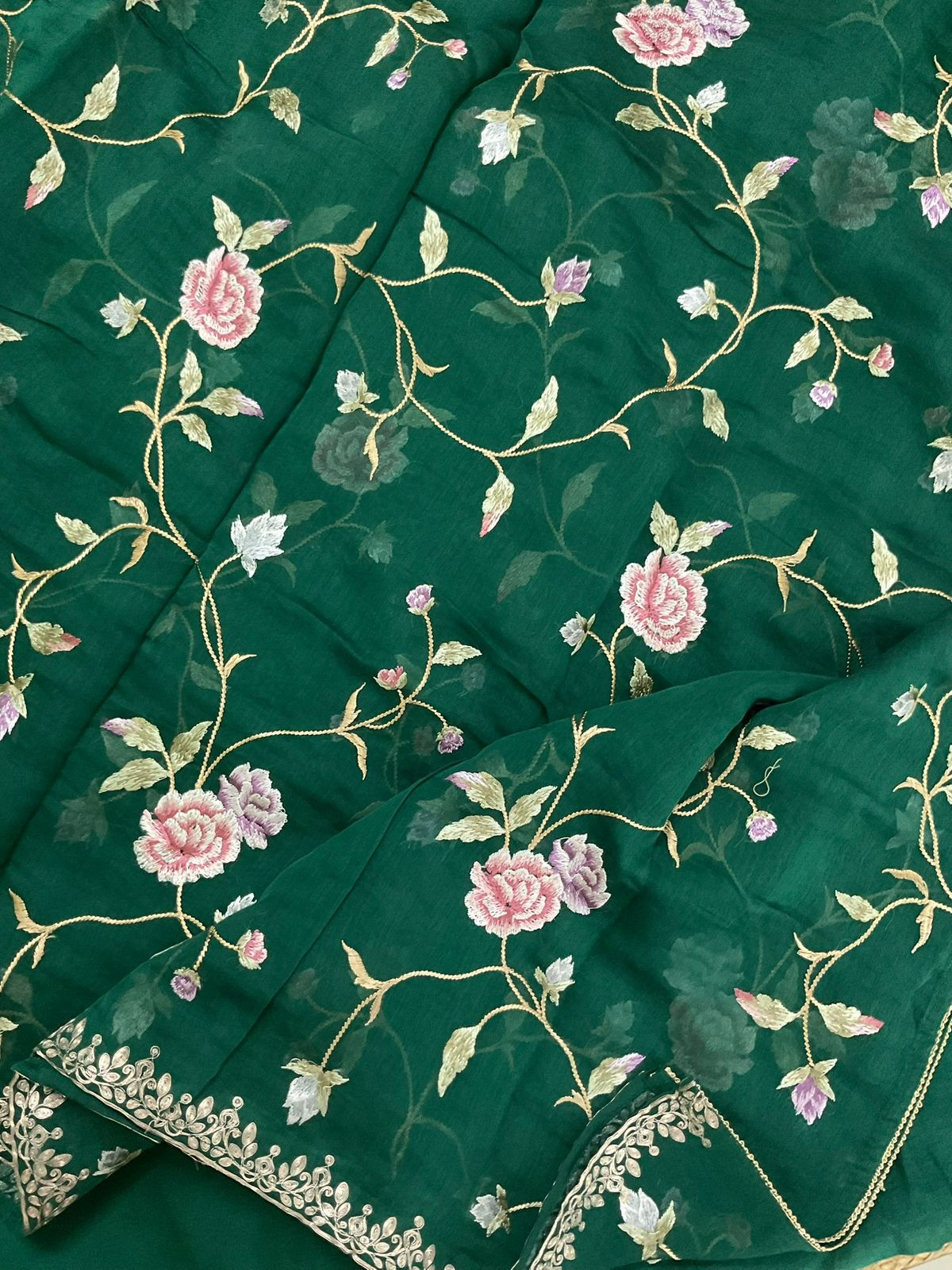 Pure Mul Chanderi Embroidered Suit - Green