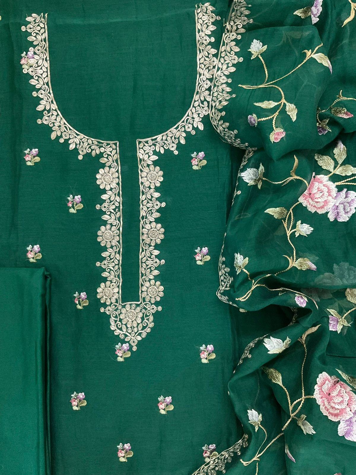 Pure Mul Chanderi Embroidered Suit - Green