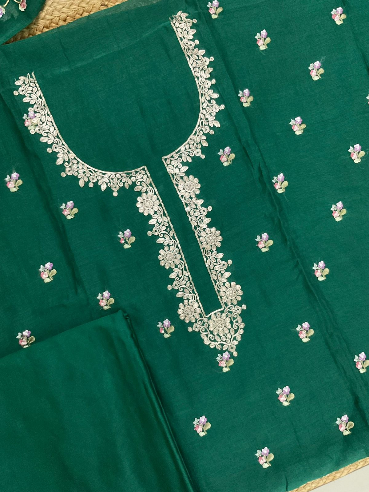 Pure Mul Chanderi Embroidered Suit - Green