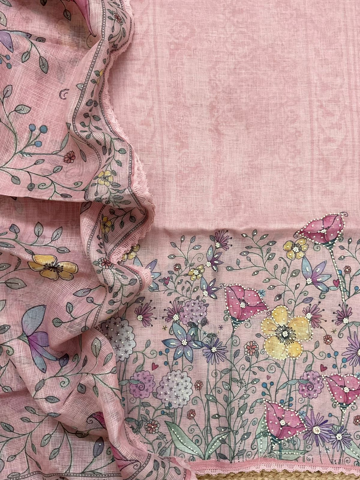 Soft Linen Jute Cotton Printed Embroidered Suit - Pink