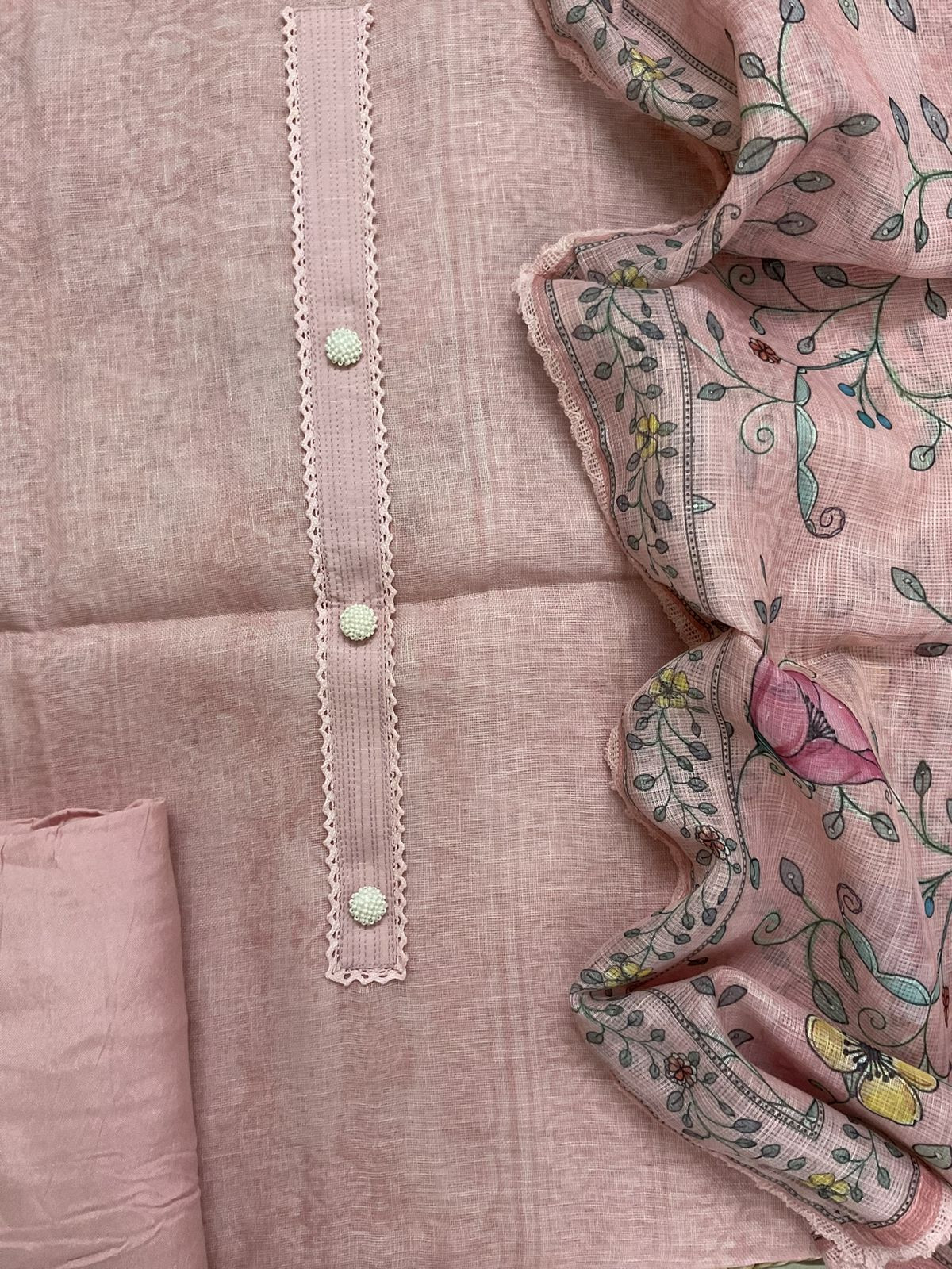 Soft Linen Jute Cotton Printed Embroidered Suit - Pink