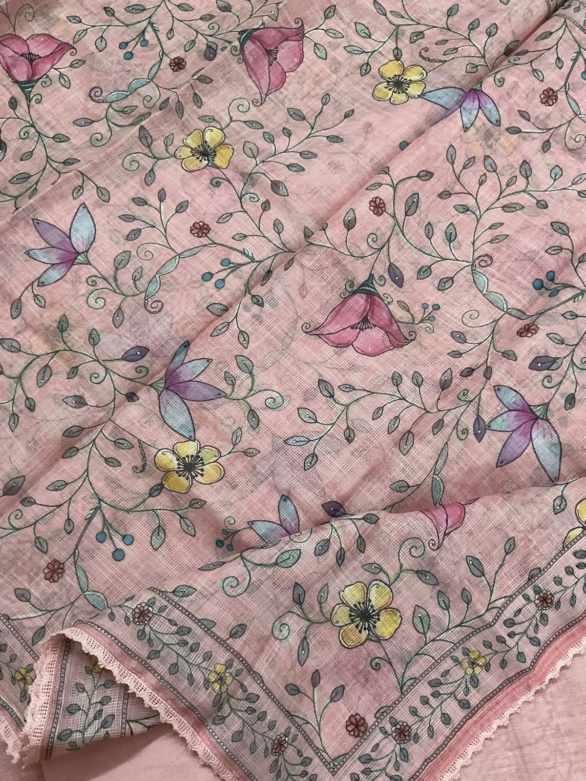 Soft Linen Jute Cotton Printed Embroidered Suit - Pink