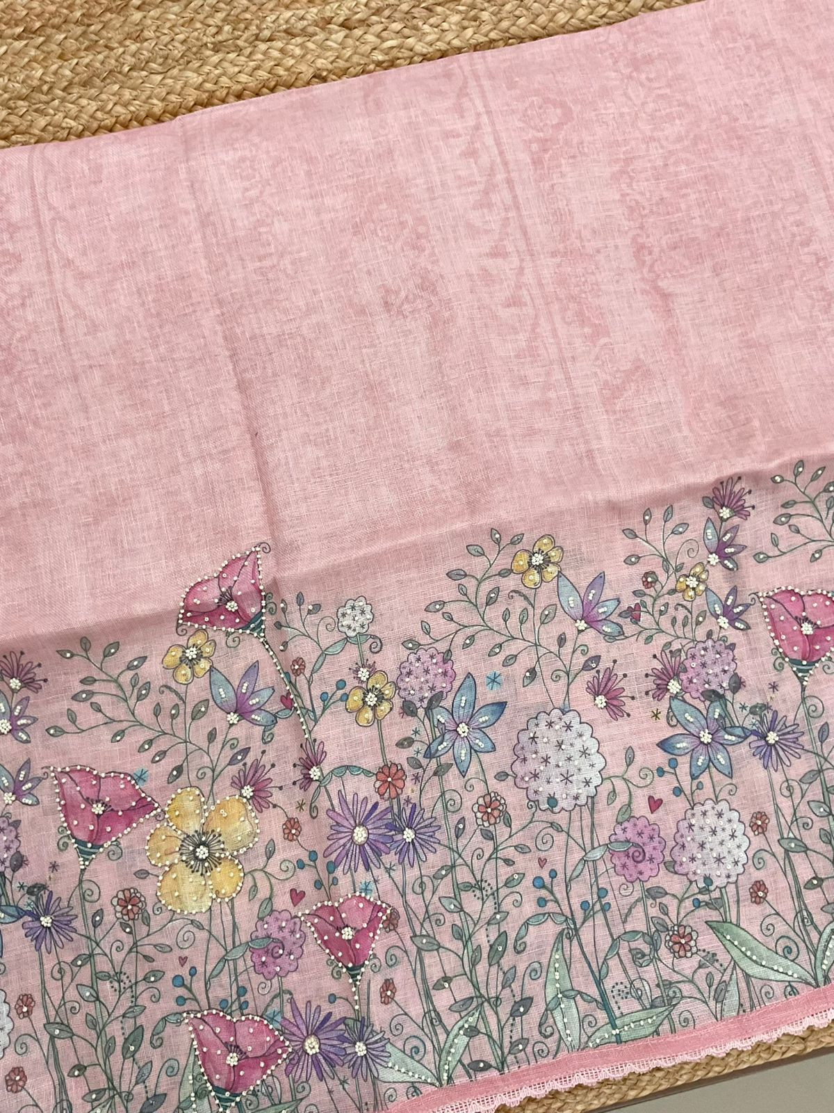 Soft Linen Jute Cotton Printed Embroidered Suit - Pink