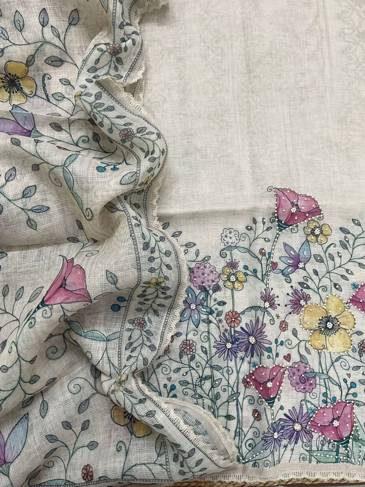 Soft Linen Jute Cotton Printed Embroidered Suit - Cream