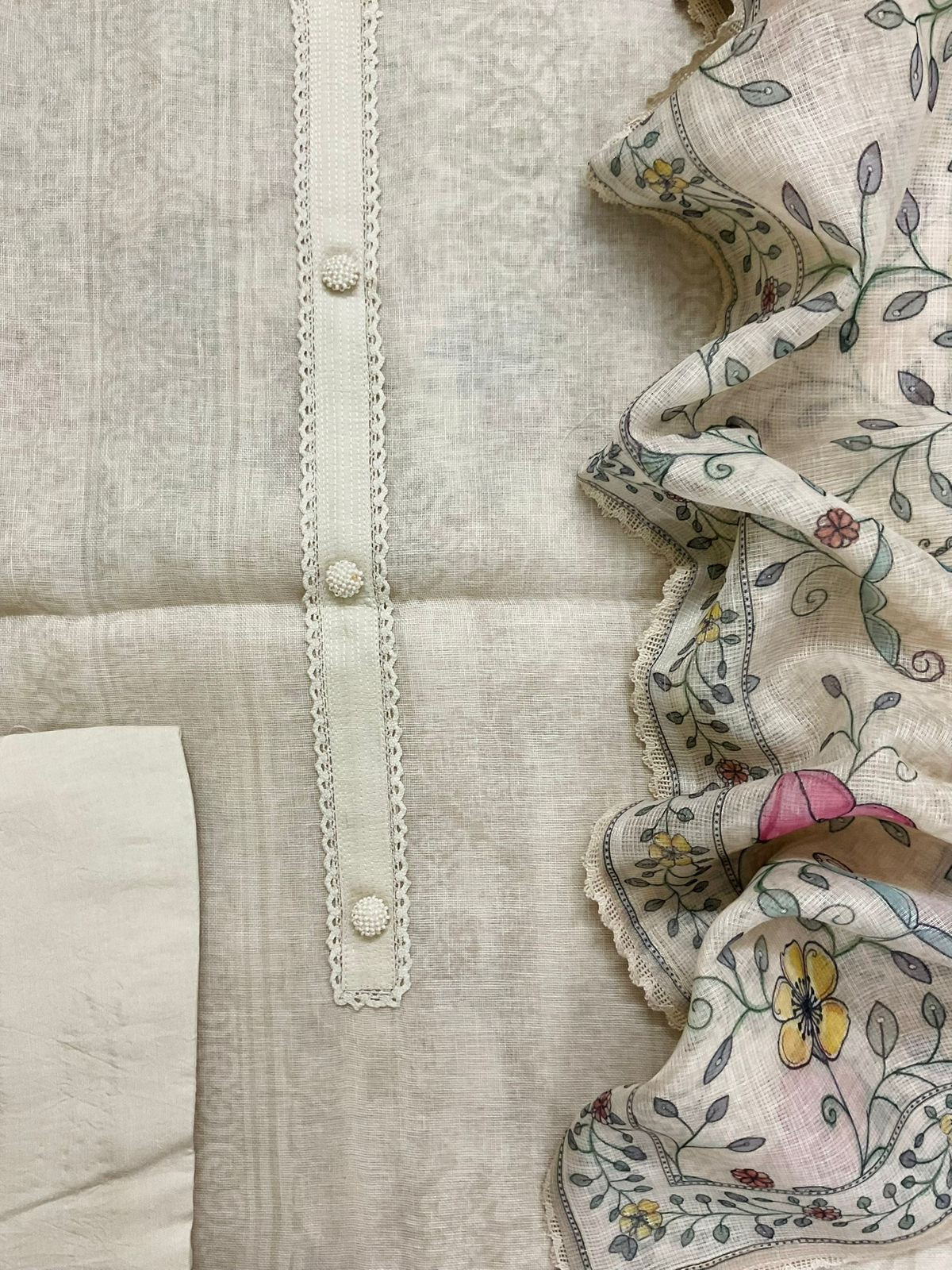 Soft Linen Jute Cotton Printed Embroidered Suit - Cream